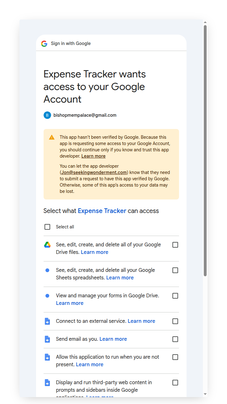 Scope review screen showing Sheets, Forms, Drive, Gmail with Select All