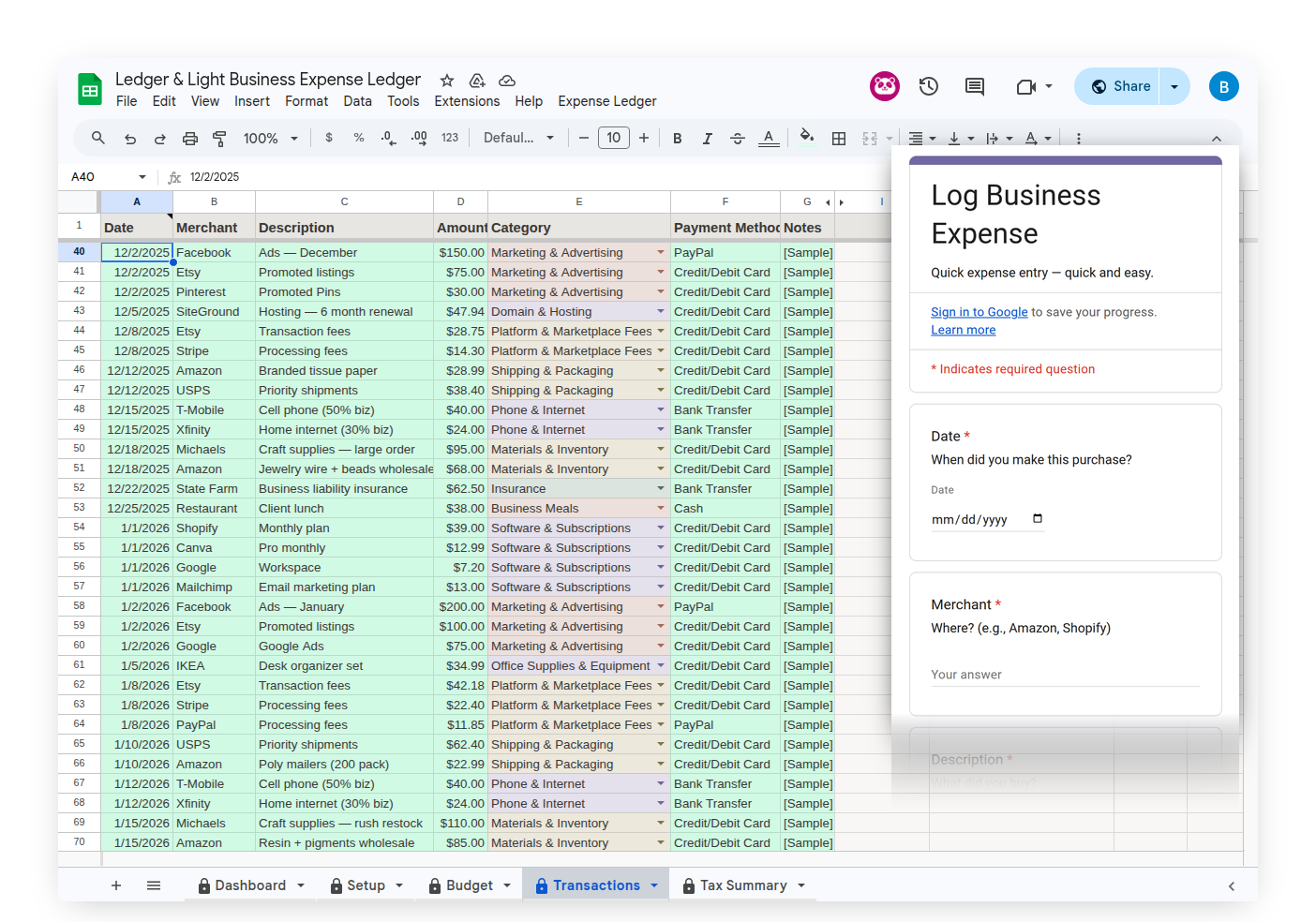 Expense Form overlaid on Transactions tab showing live expense entries