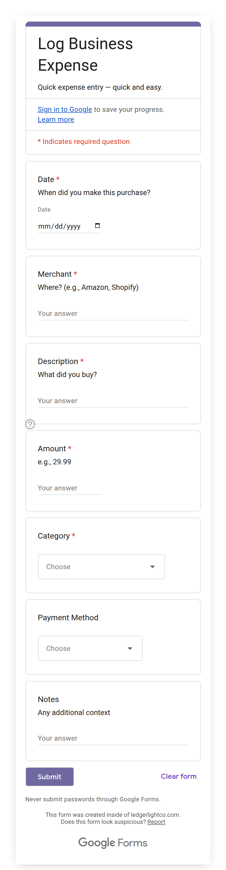 Expense Form on mobile showing category dropdown with Schedule C categories visible