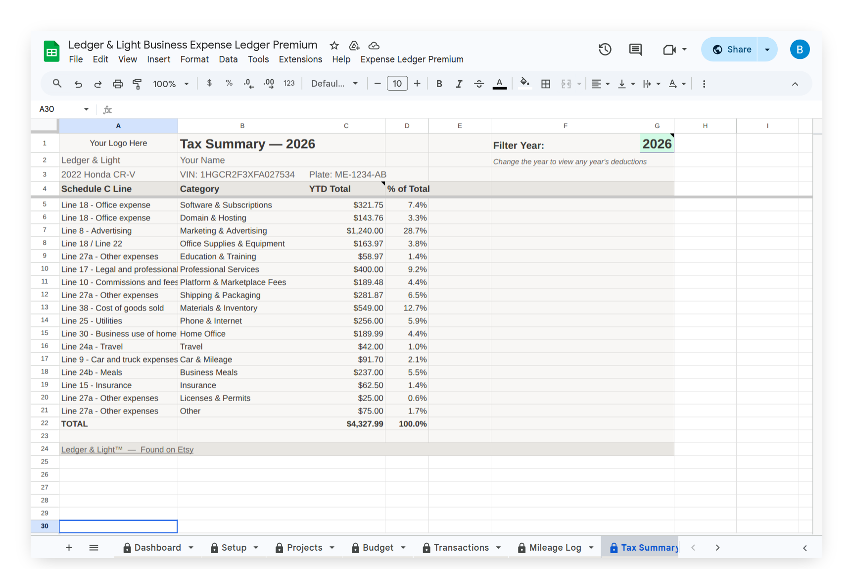 Tax Summary with G1 year filter visible, showing deduction totals by category