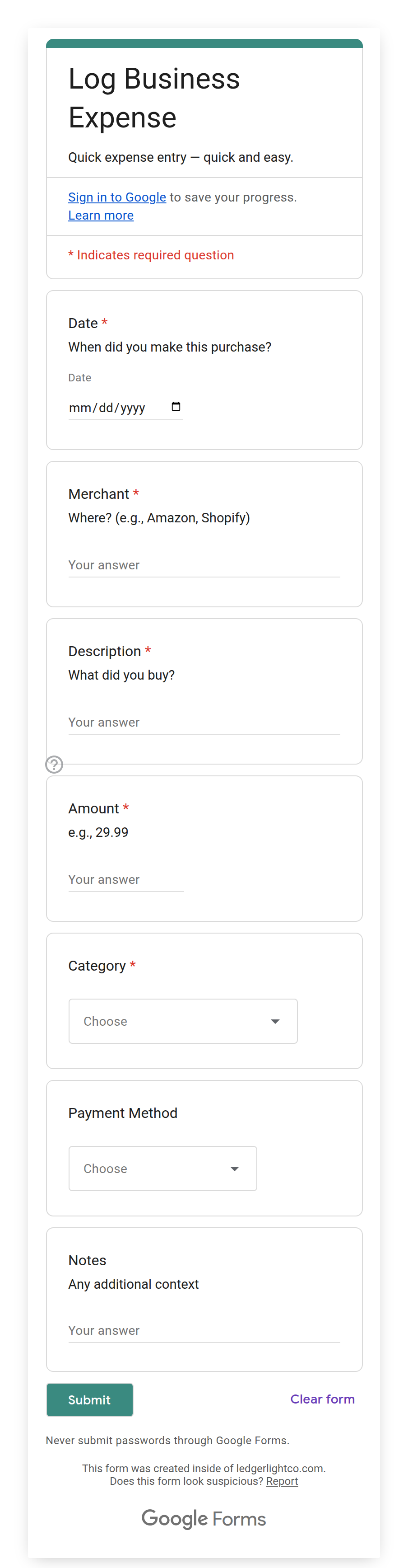 Expense Form on mobile showing category and amount fields