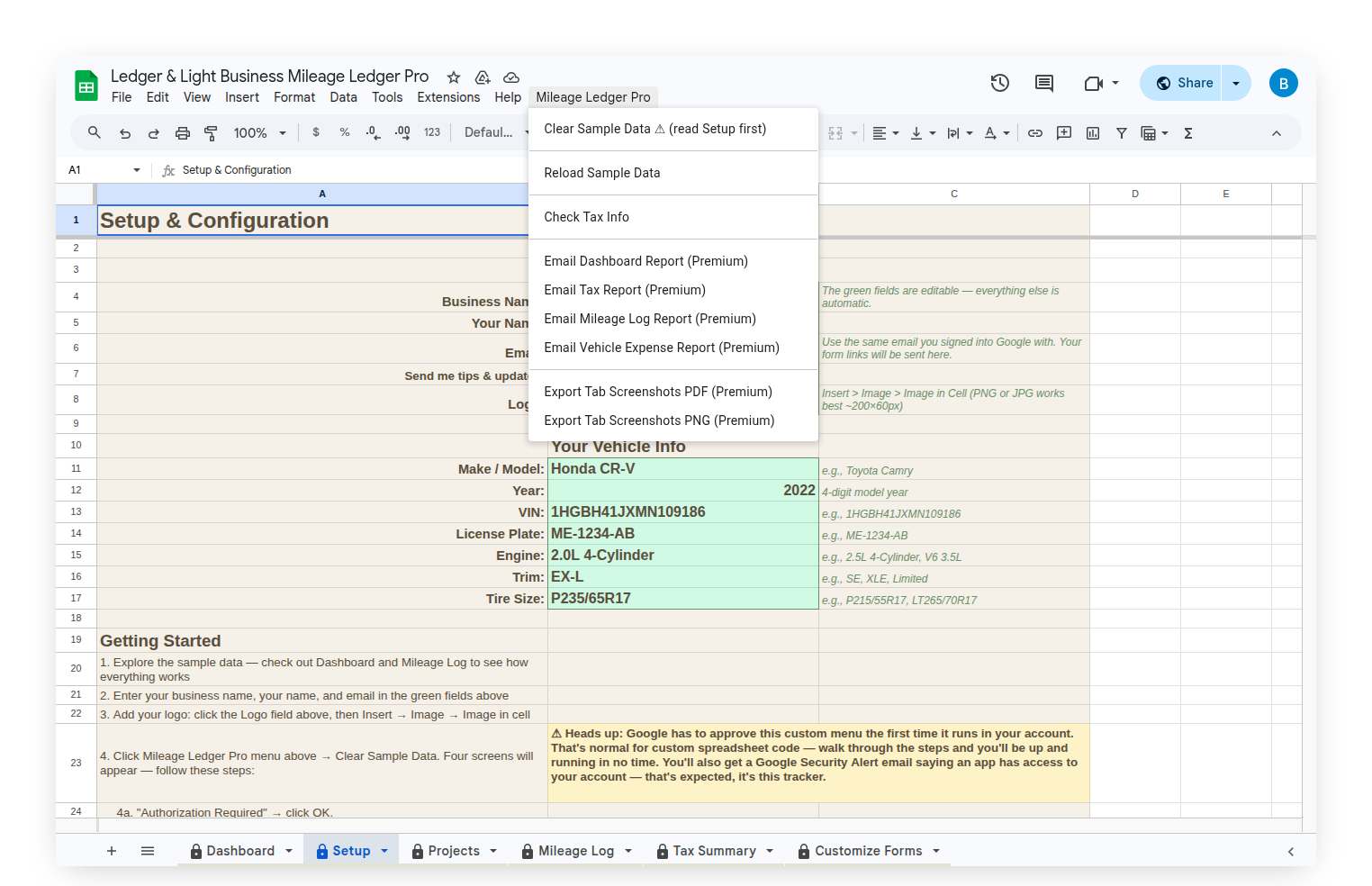 Custom Mileage Ledger menu open, showing Check Tax Info option