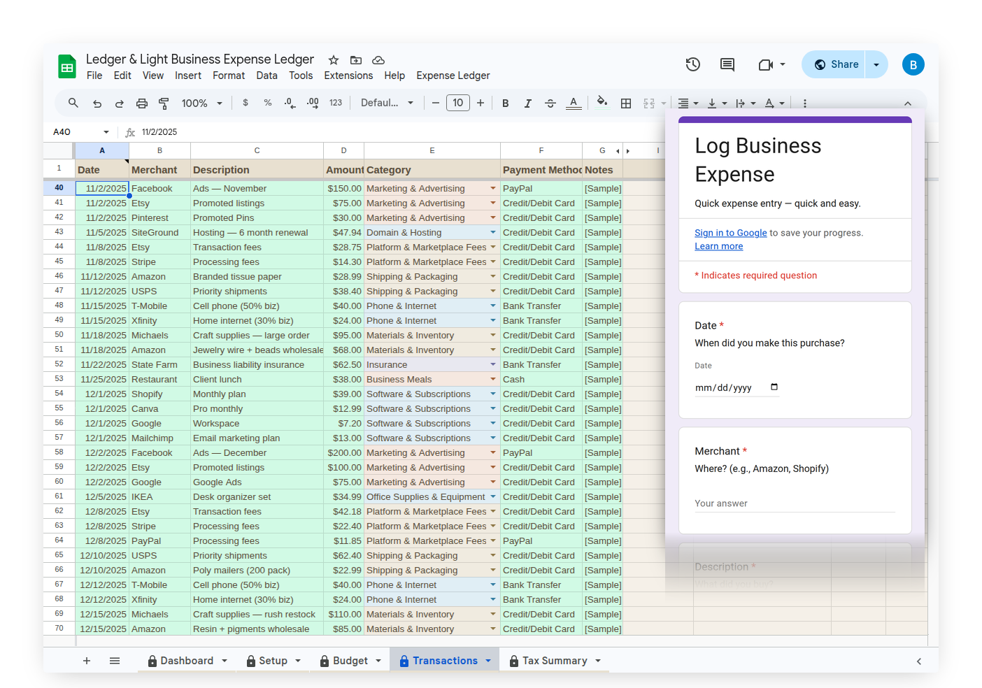 Expense Form on mobile with Transactions tab visible in background showing submitted entries