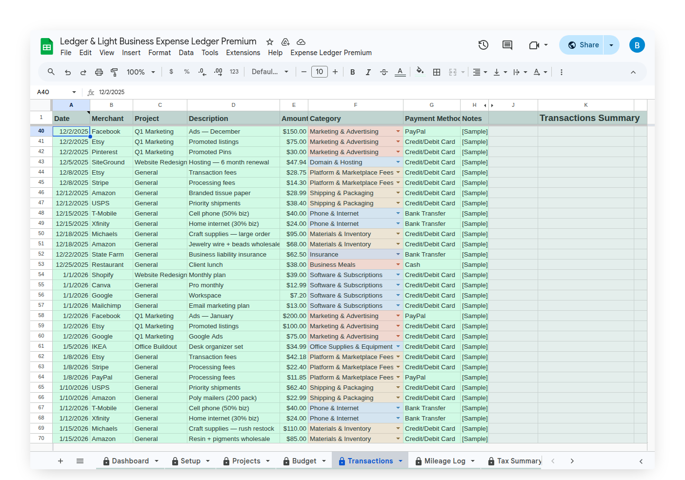 Transactions tab