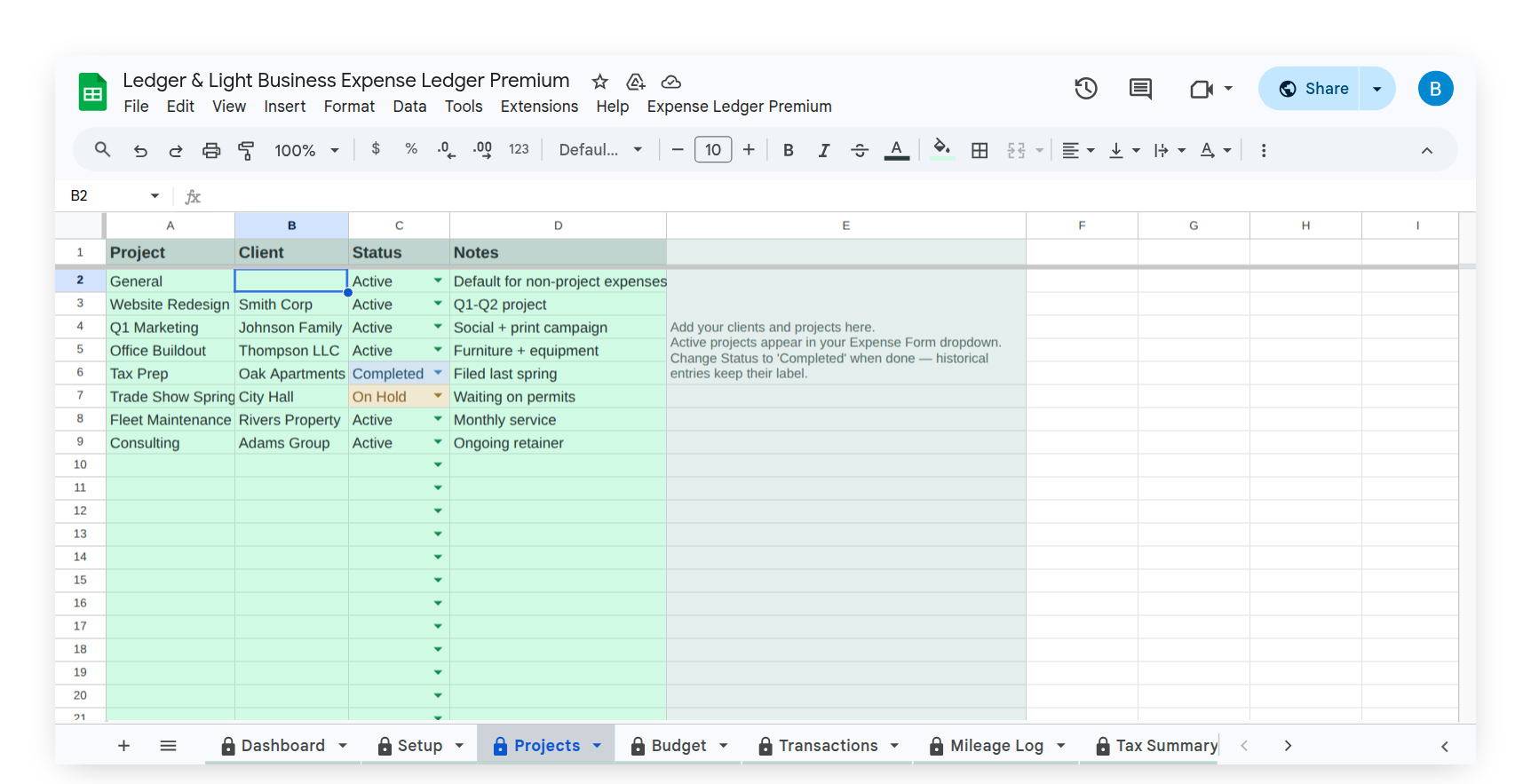 Projects tab showing expense totals by project name