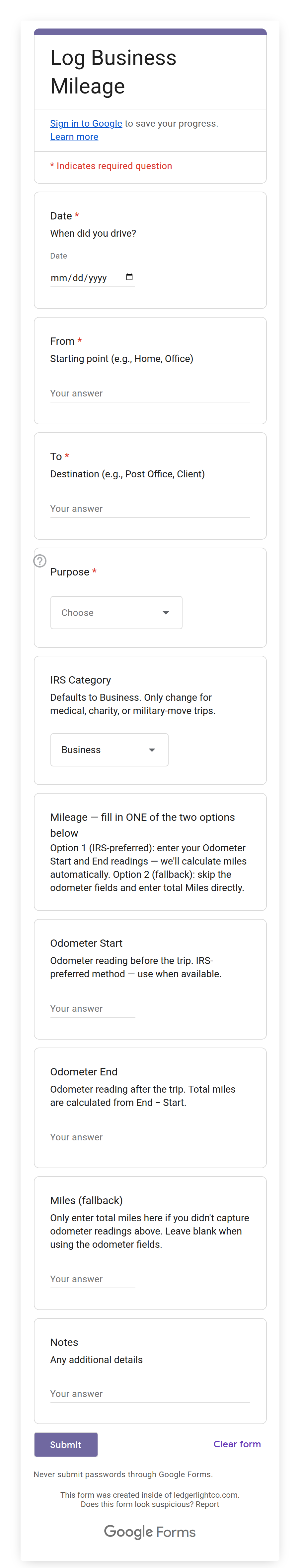 Mileage Form on mobile showing business purpose field