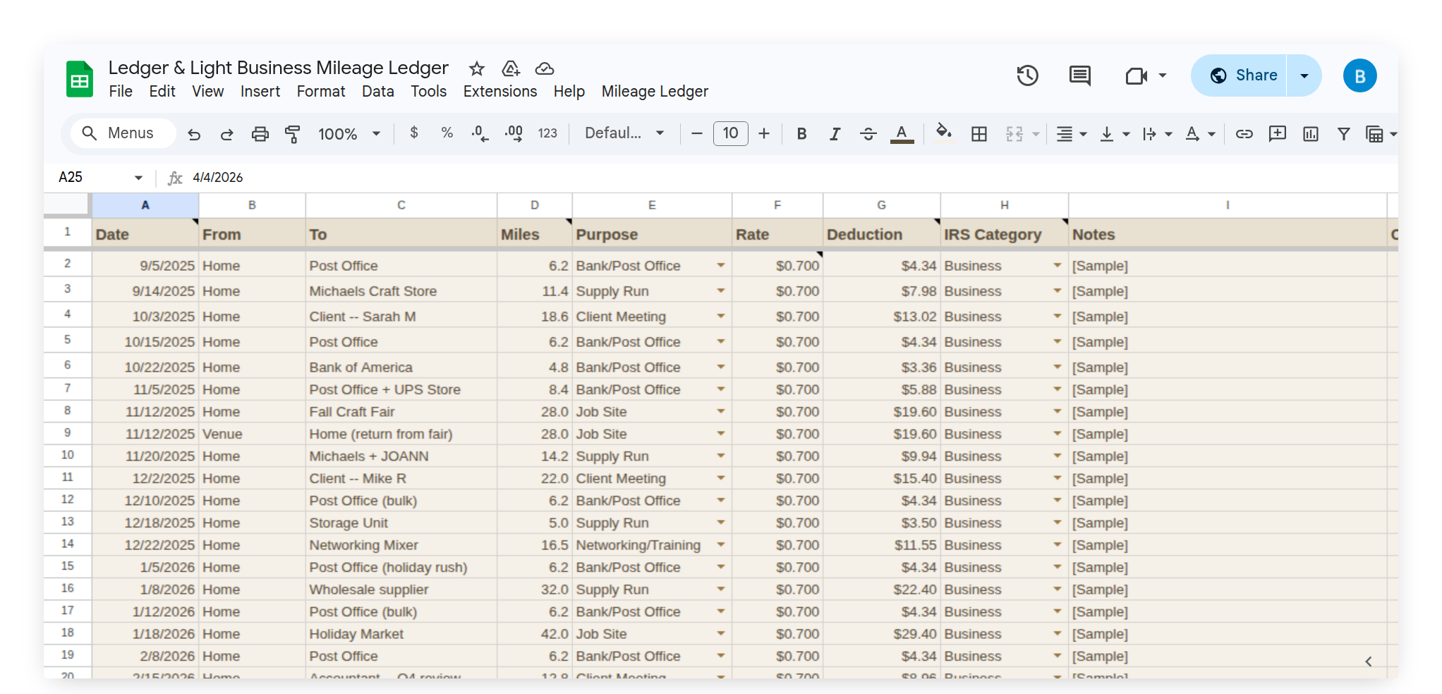 Mileage Log showing trip entries with business purpose column