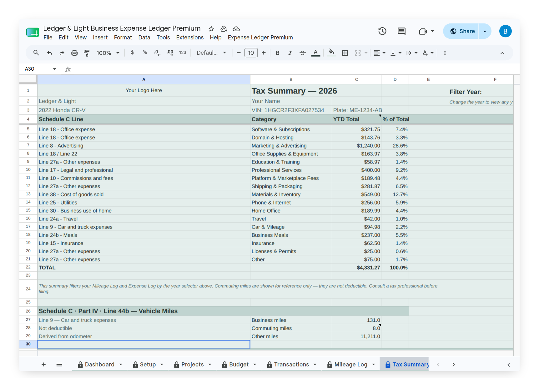 Tax Summary showing Schedule C category totals