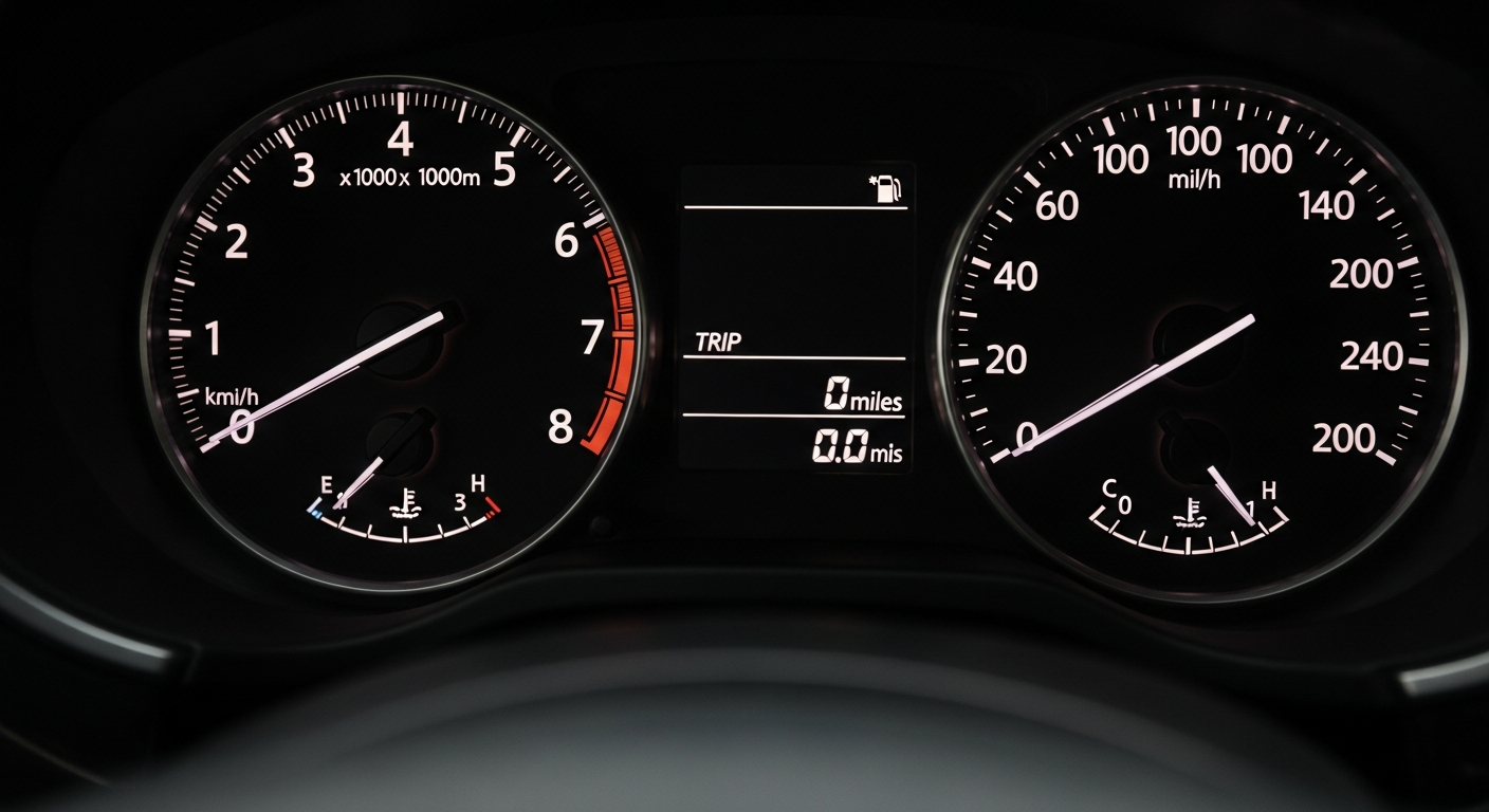 close up of a car dashboard odometer cluster  needle resting near zero on the trip dial  warm interior light  shallow depth of field  photorealistic
