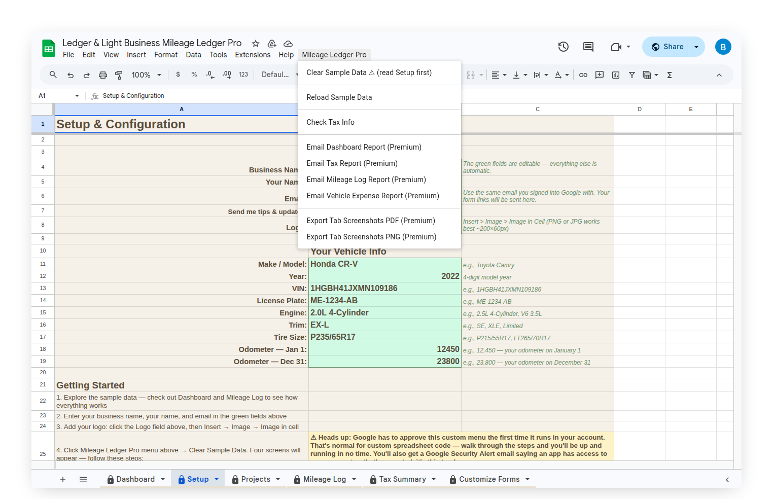Custom Mileage Ledger menu open, showing Check Tax Info option
