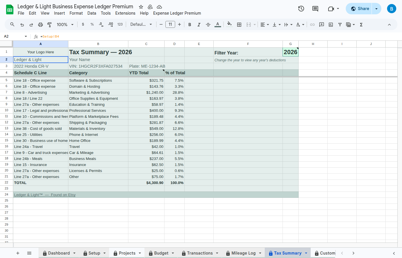 Tax Summary tab showing Schedule C categories and year-to-date totals