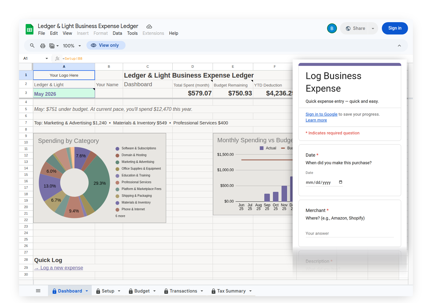 Expense Form on Dashboard tab, showing expense entry alongside the Google Sheet