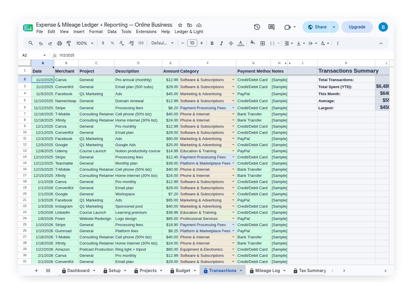Tab Export dialog showing Transactions tab selected with output PDF preview