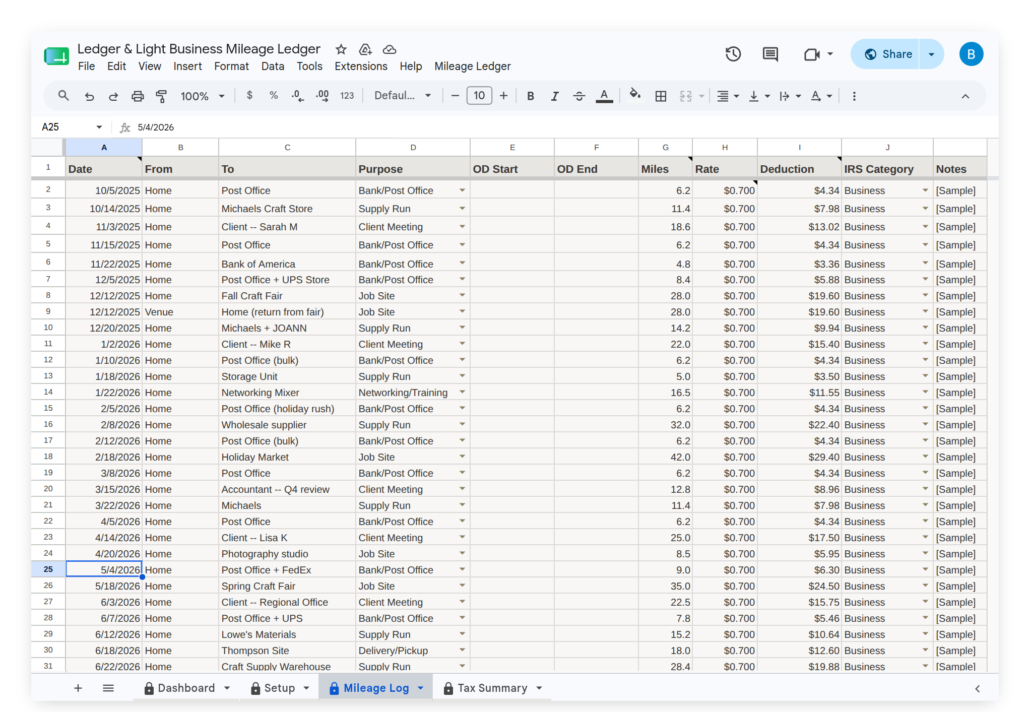 Mileage Log showing trip entries with business purpose column