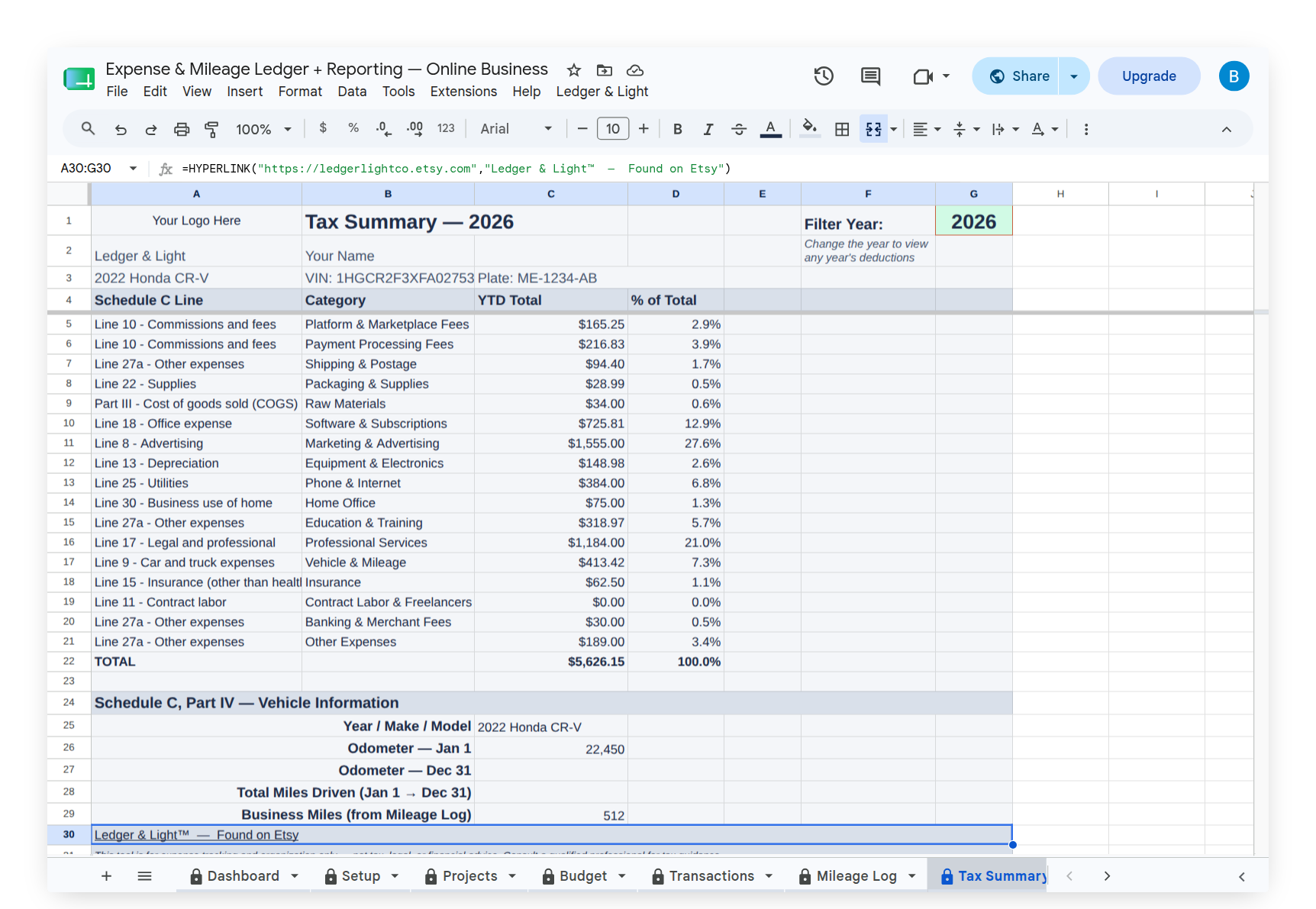 Tax Summary showing Schedule C category totals