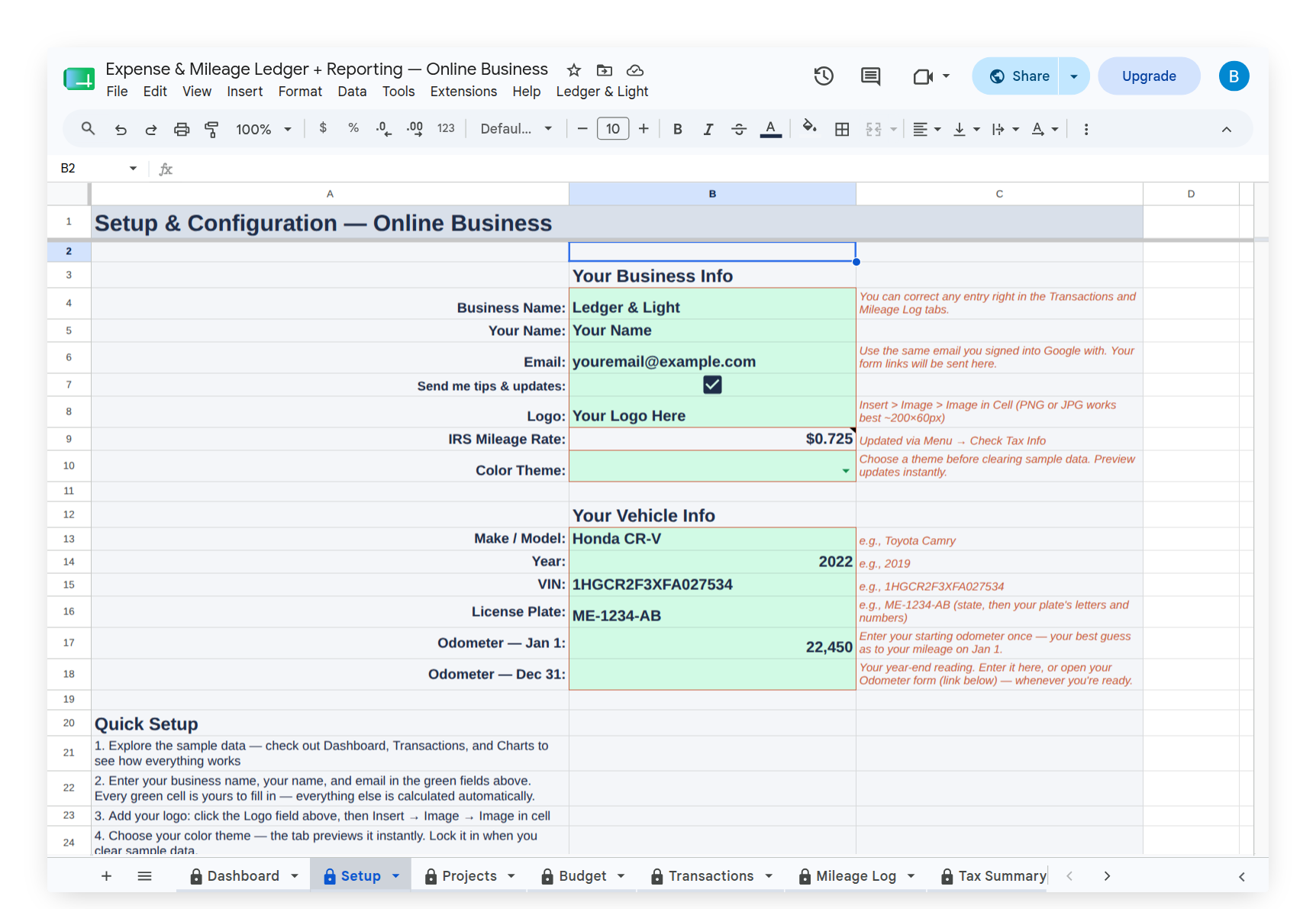 Setup tab showing the 