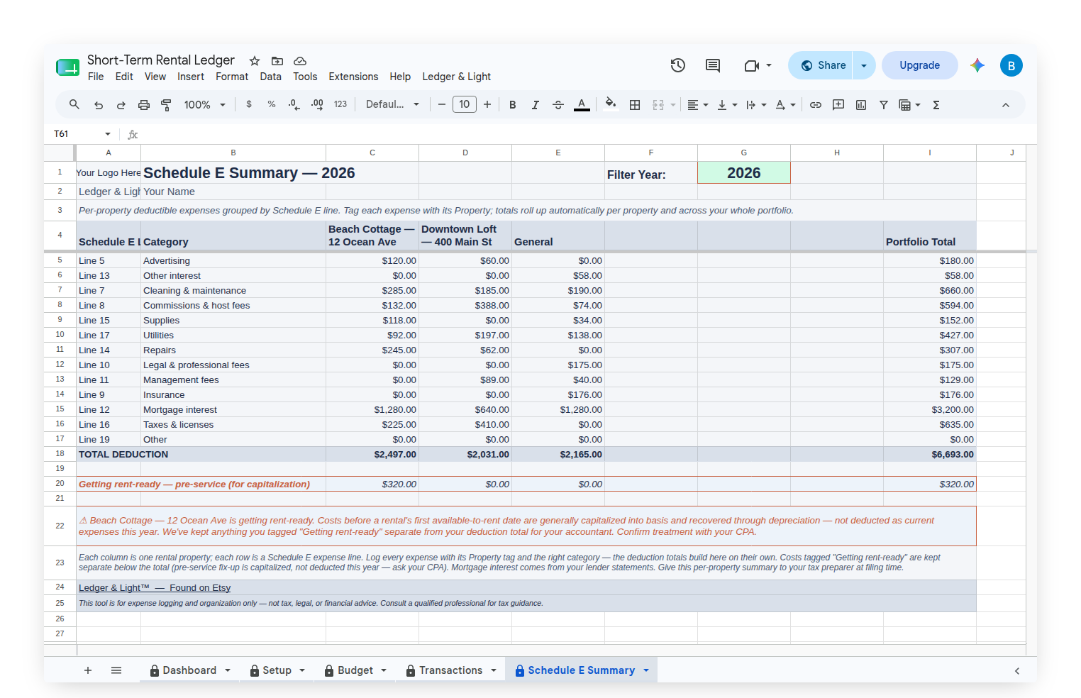Short-Term Rental Ledger — Schedule E Summary showing the pre-service 'Getting rent-ready' line kept separate from the deduction total