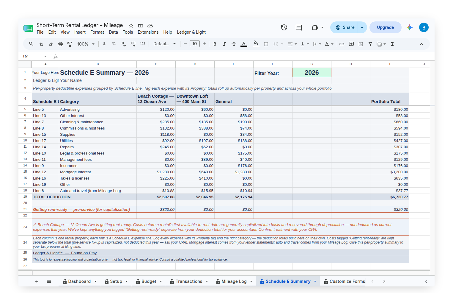 Short-Term Rental Ledger — per-property Schedule E Summary with a column per property