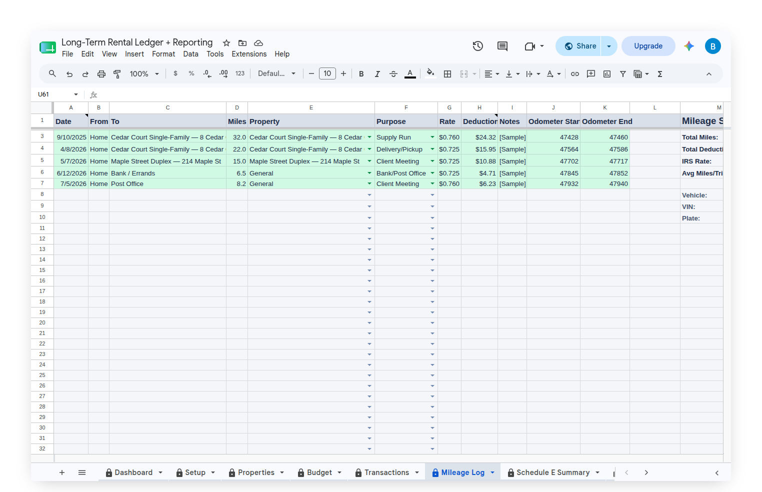 Long-Term Rental Ledger — Mileage Log with each trip logged against the property it was for