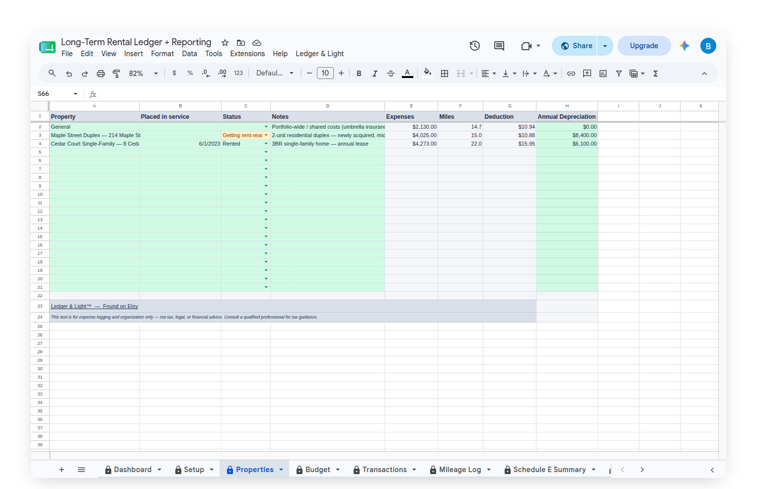 Long-Term Rental Ledger — Properties tab holding each property's status, placed-in-service date, and annual depreciation input