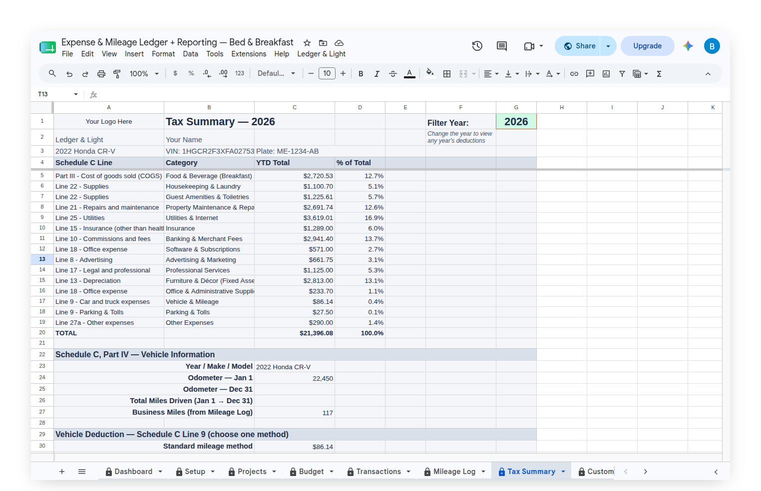Expense Ledger — Tax Summary showing a year-to-date total for every Schedule C line