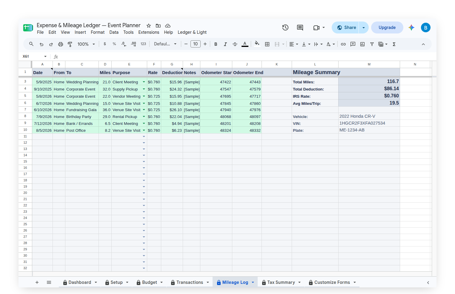 Expense & Mileage Ledger — Mileage Log for an event planner, with venue walk-throughs and vendor meetings logged trip by trip