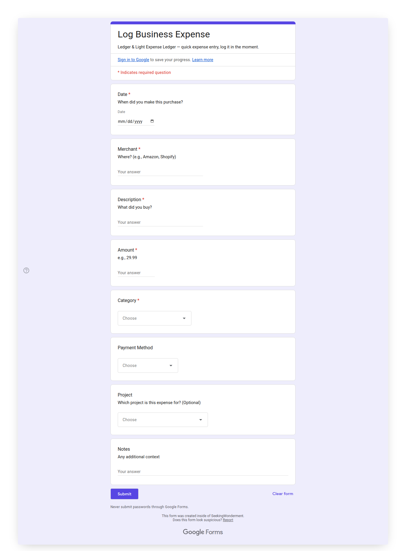 Expense Form in a desktop browser