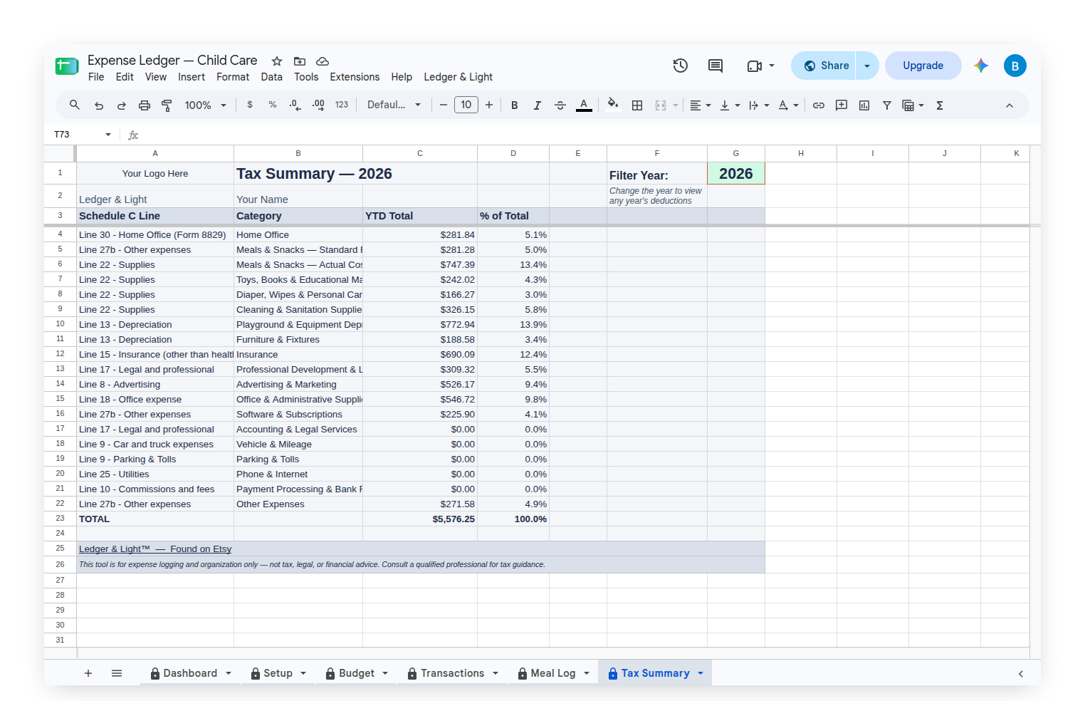 Tax Summary for a child care provider