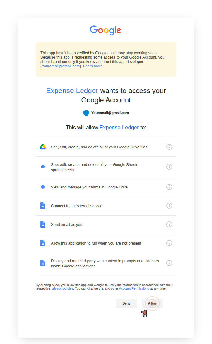 Permission page, Expense Ledger wants to access your Google Account, with the Allow button