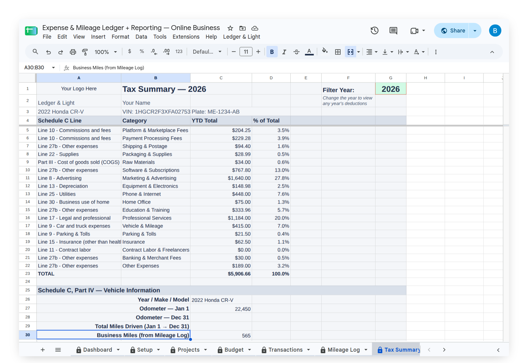 Tax Summary with G1 year filter visible, showing deduction totals by category