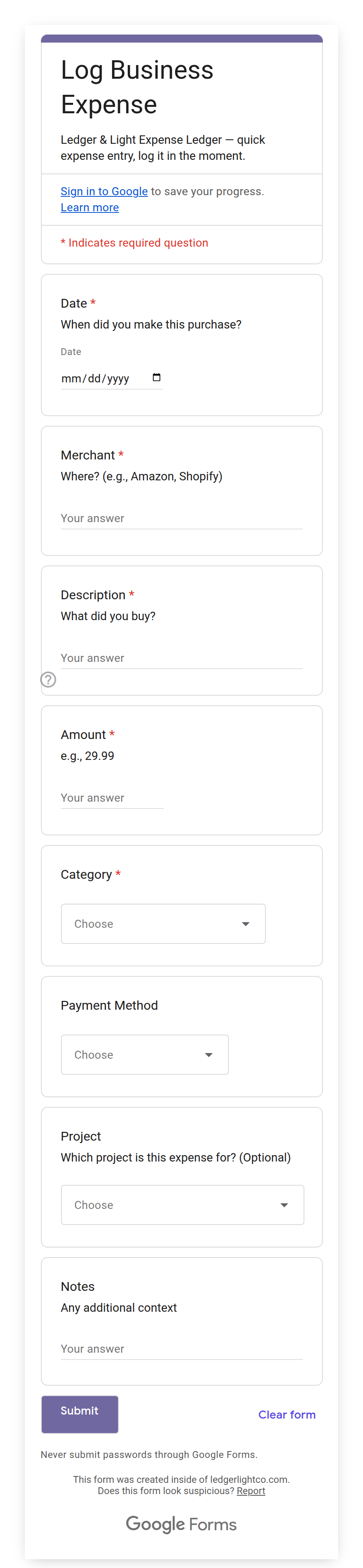 Expense Form on mobile showing the amount, vendor, category, and optional receipt photo upload field