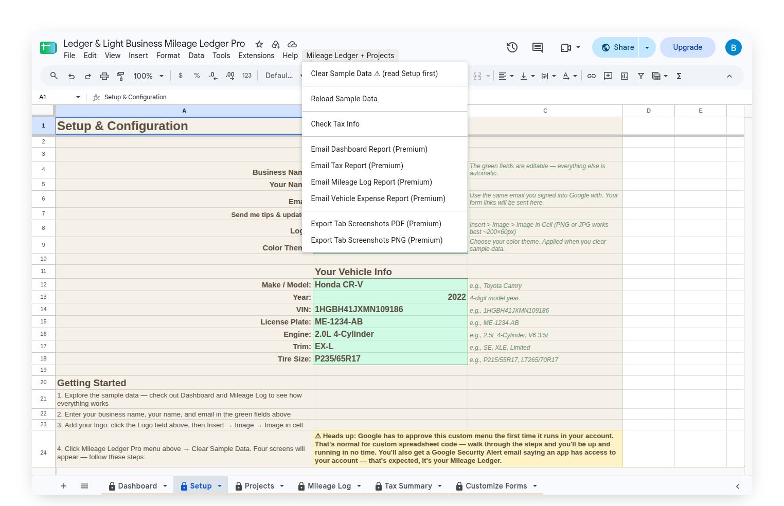 Custom Mileage Ledger menu open, showing Check Tax Info option