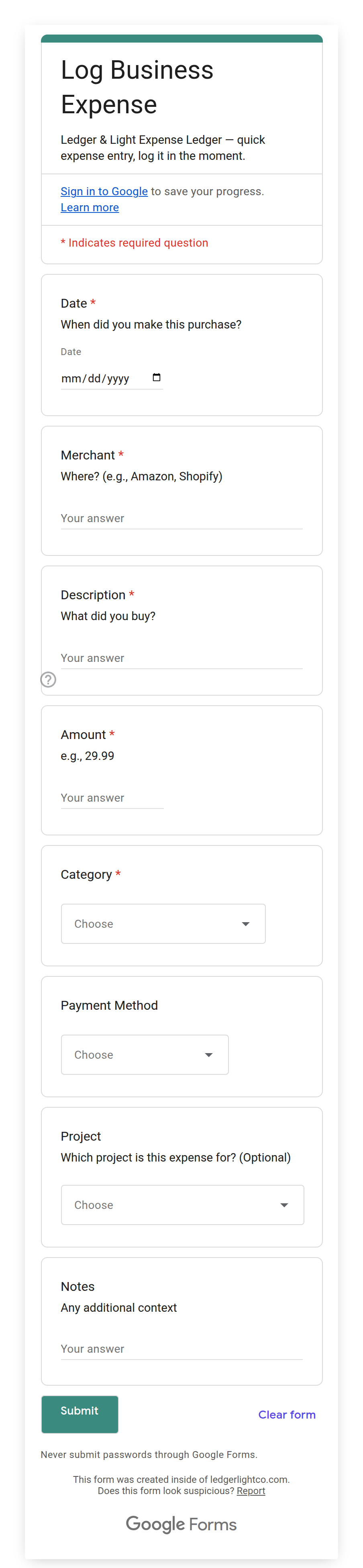 Expense Form open on mobile, receipt photo field with an attachment visible