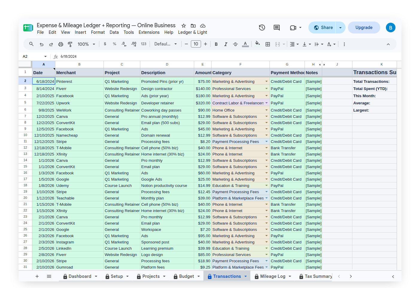 Transactions tab