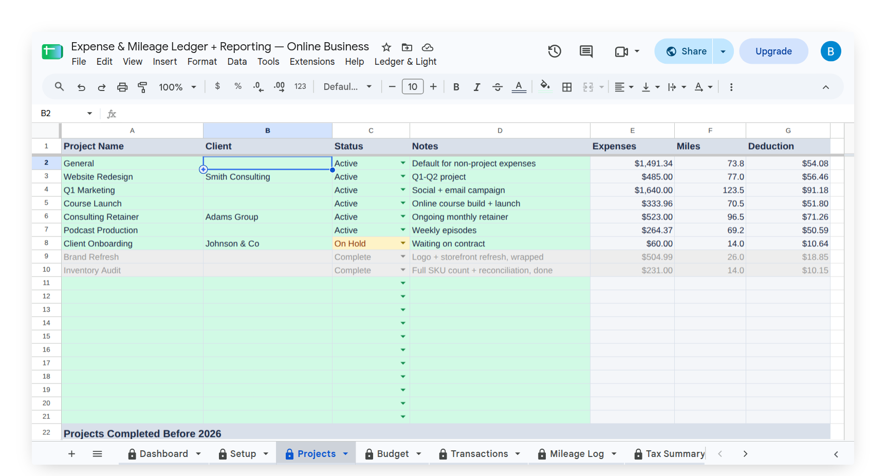 Projects tab showing expense totals by project name