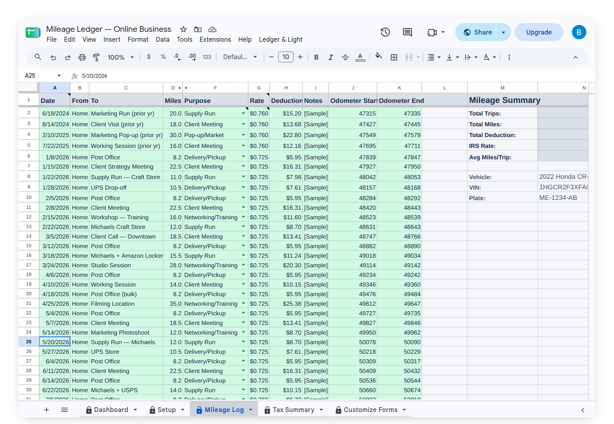 Mileage Log showing trip entries with business purpose column