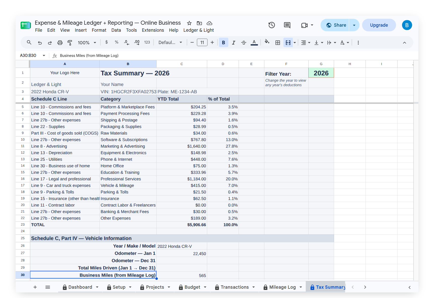 Tax Summary showing Schedule C category totals