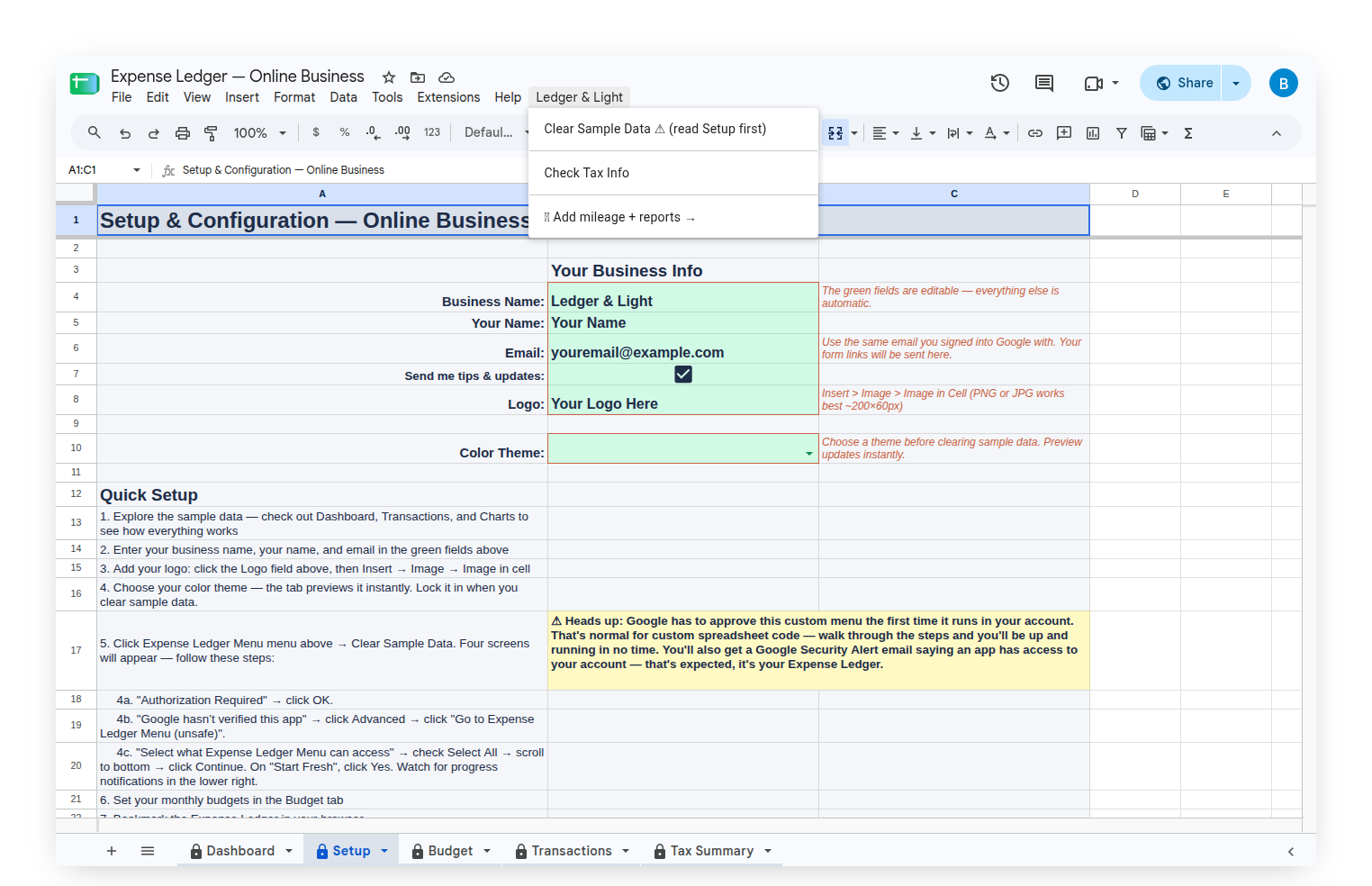 Custom Ledger & Light menu open, showing Check Tax Info option