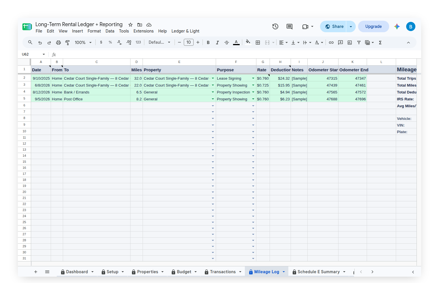 Long-Term Rental Ledger — Mileage Log with each trip logged against the property it was for