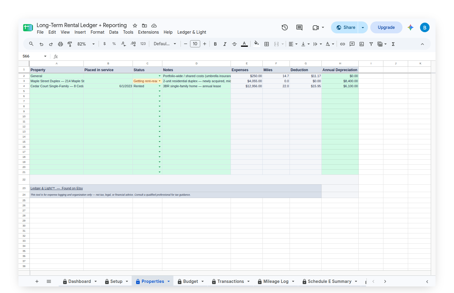 Long-Term Rental Ledger — Properties tab holding each property's status, placed-in-service date, and annual depreciation input
