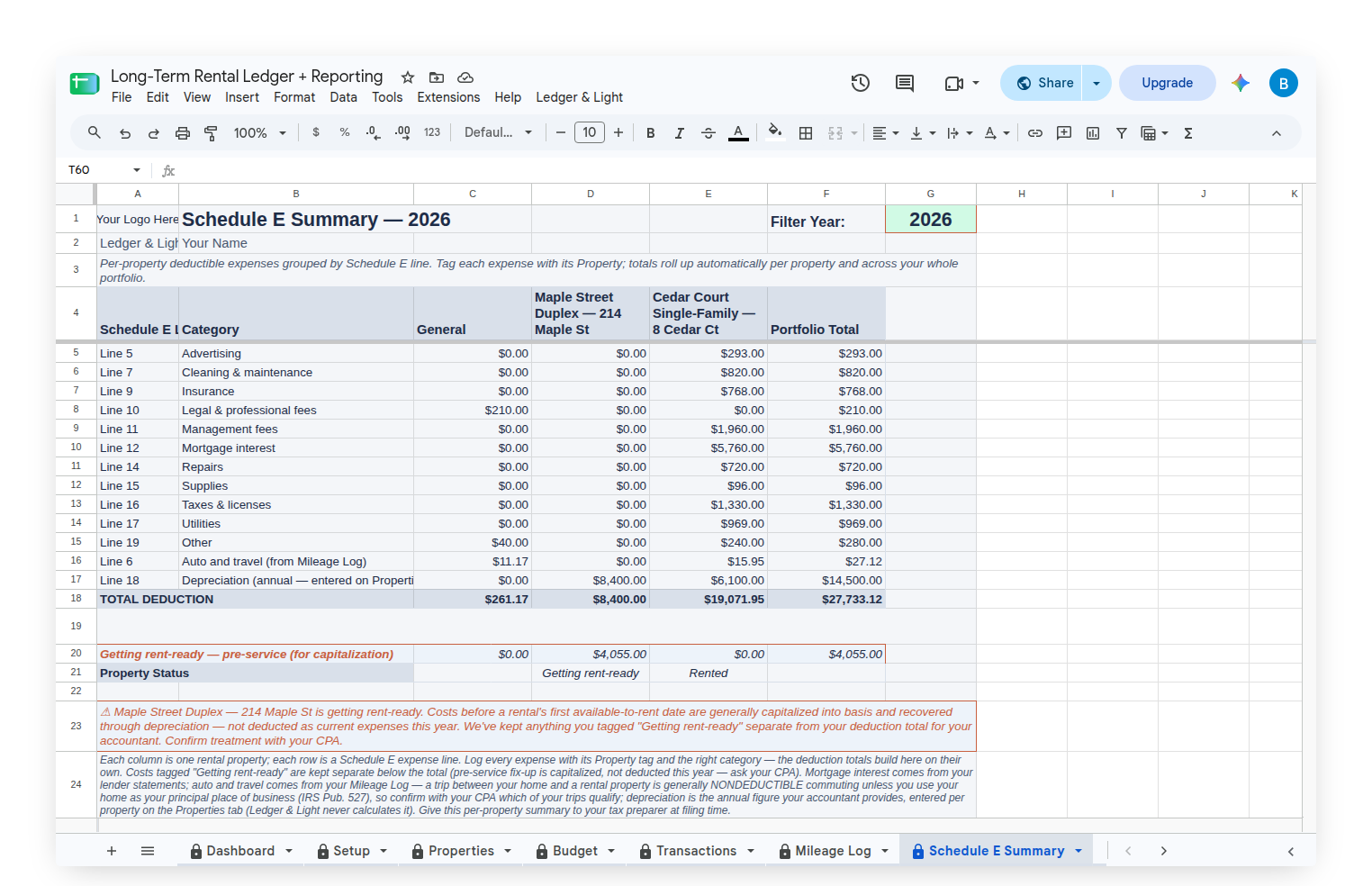 Long-Term Rental Ledger — Schedule E Summary, one column per rental property