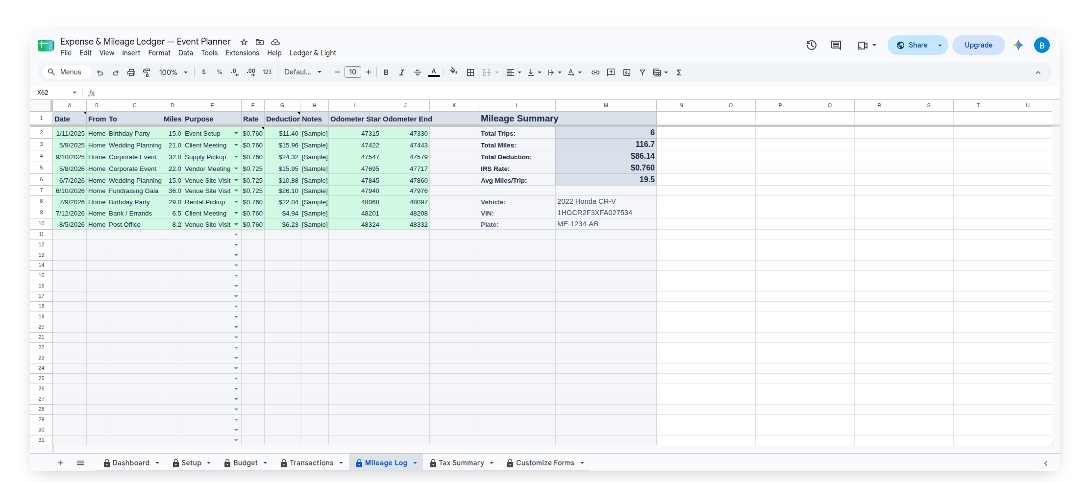 Expense & Mileage Ledger — Mileage Log for an event planner, with venue walk-throughs and vendor meetings logged trip by trip