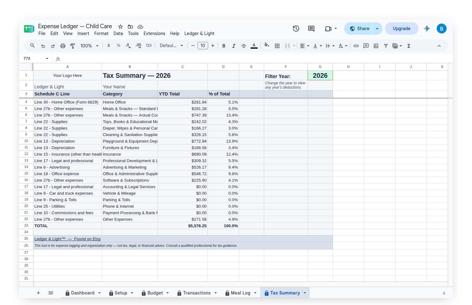 Tax Summary for a child care provider
