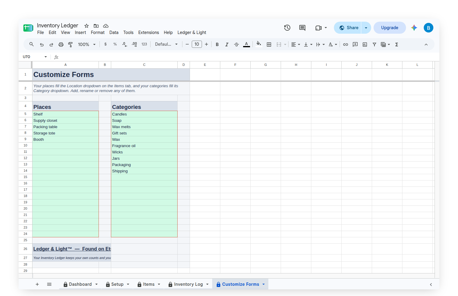 Inventory Ledger Customize Forms tab with Locations and Categories