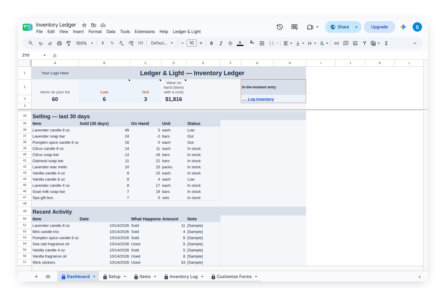 Inventory Ledger Dashboard Selling band and Recent Activity