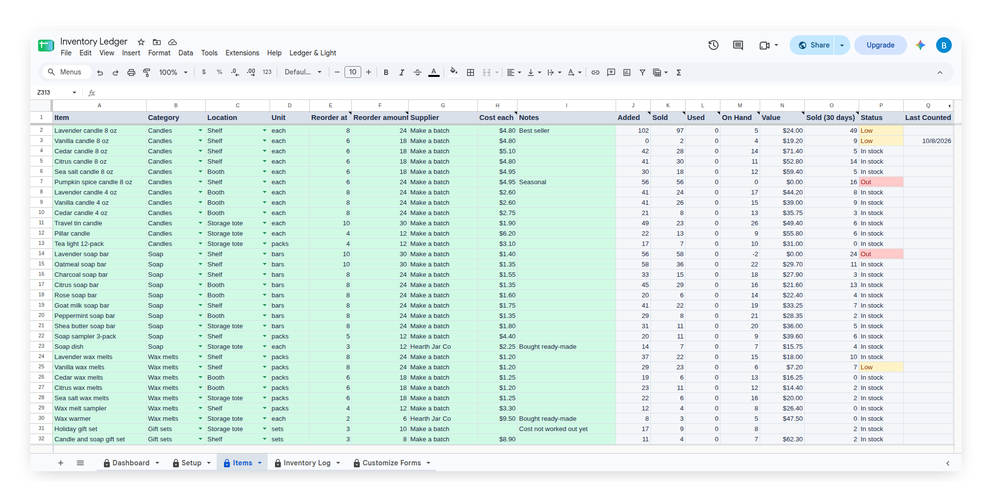 Inventory Ledger Items tab with On Hand, Value and Status