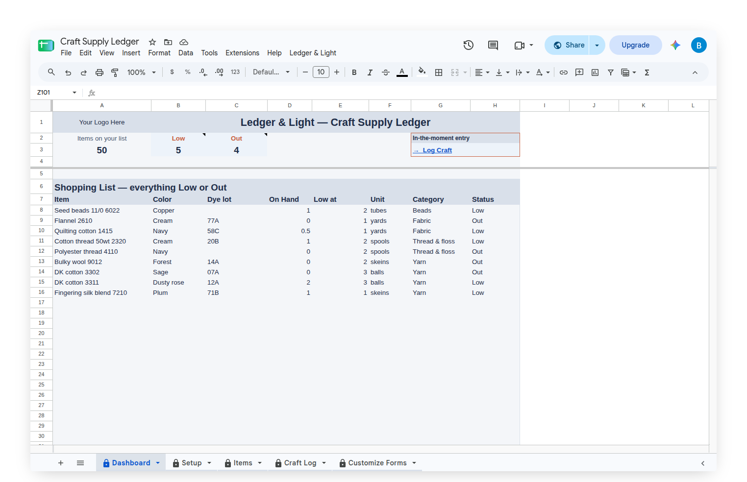 Craft Supply Ledger Dashboard with the Shopping List