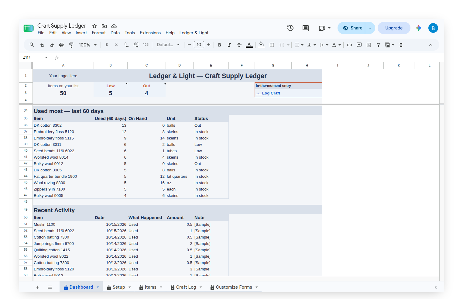 Craft Supply Ledger Dashboard Used most band and Recent Activity