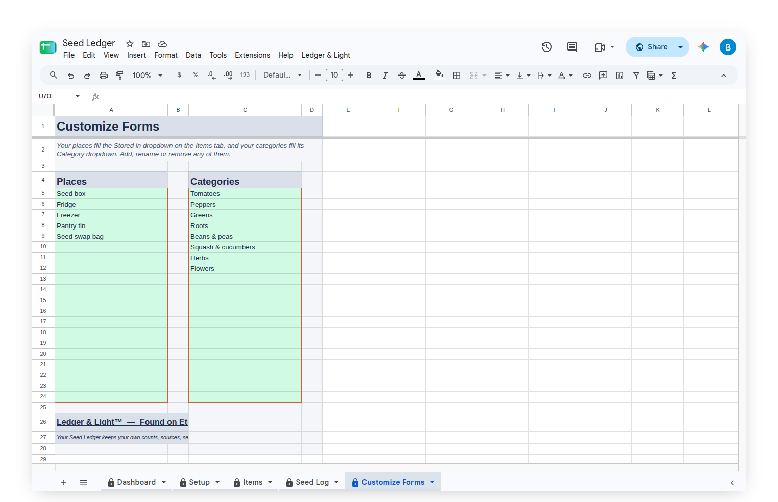 Seed Ledger Customize Forms tab with Storage places and Categories