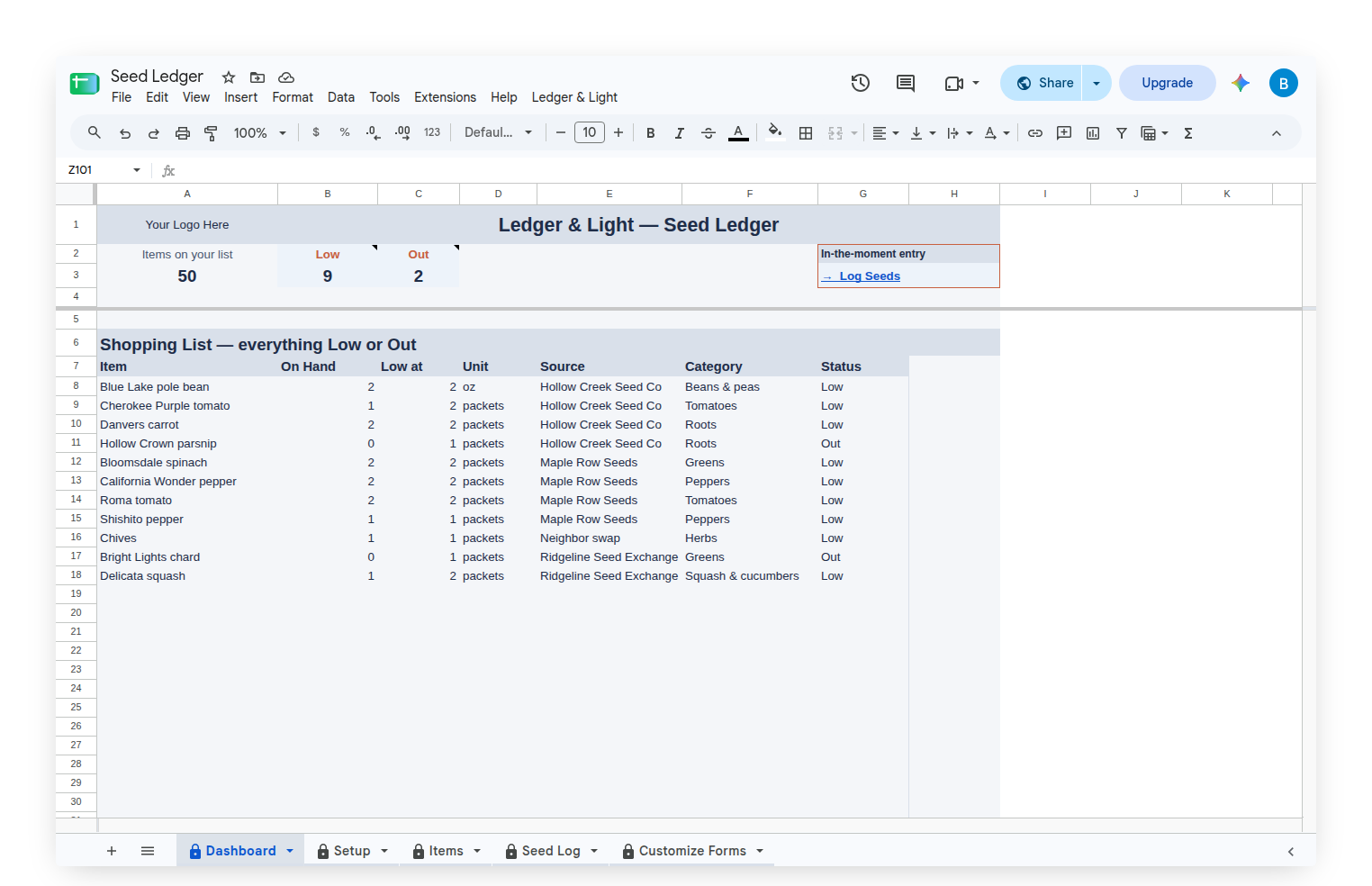 Seed Ledger Dashboard with the Shopping List